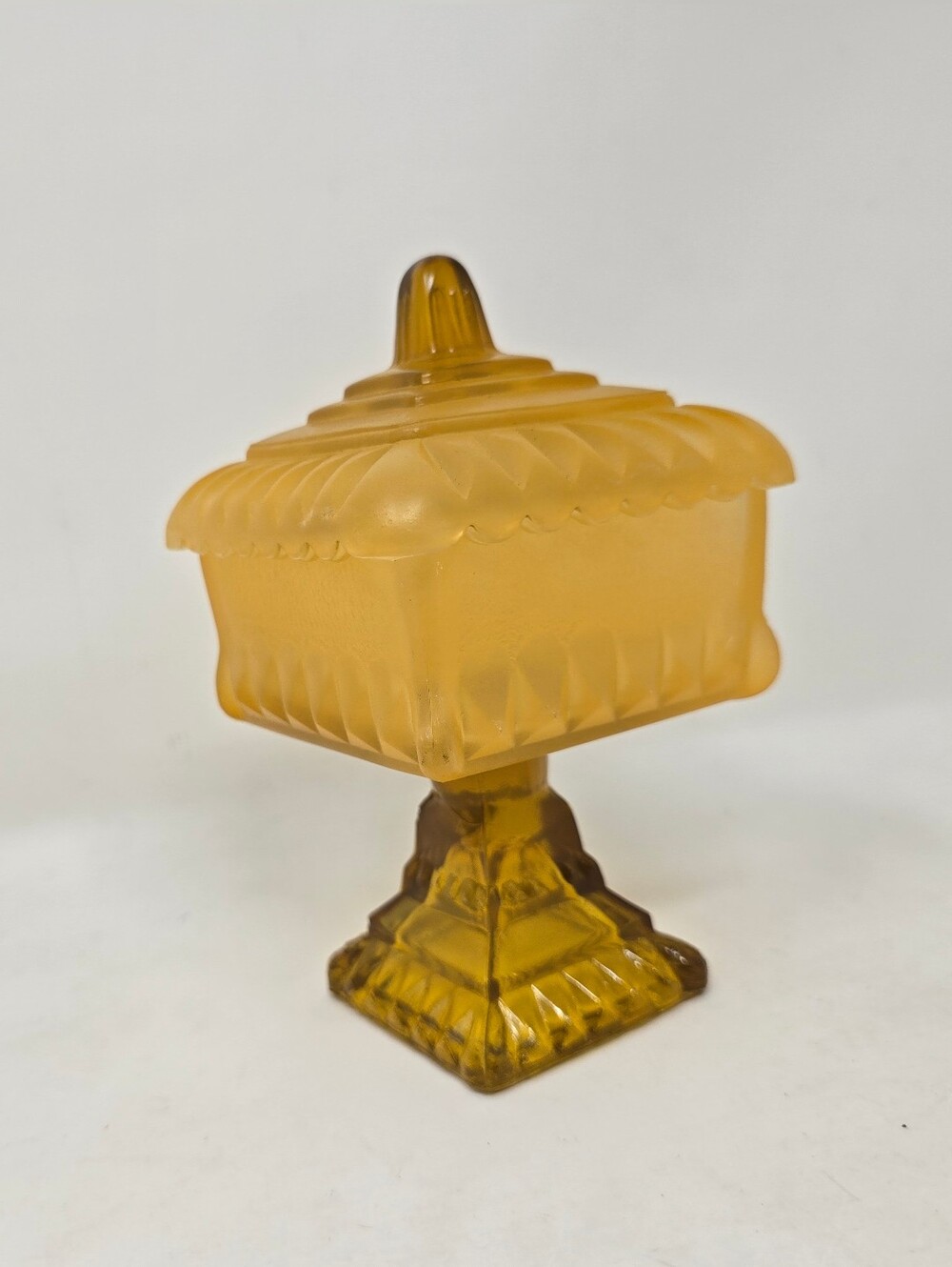 Vintage Jeannette Glass Wedding Cake Box Frosted Amber Pedestal Candy Dish 50s